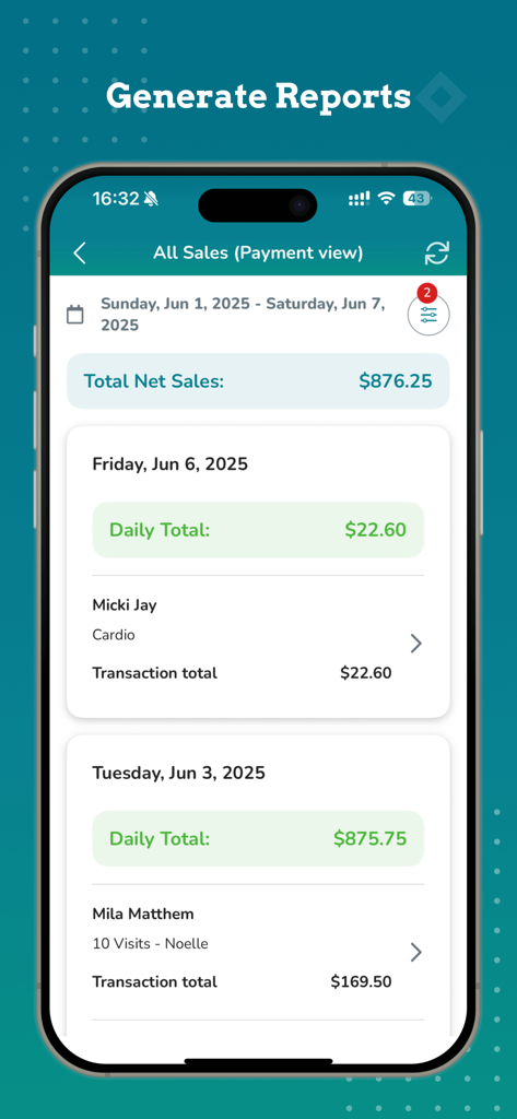 WellnessLiving Elevate - WellnessLiving Elevate app sales report screen showing net sales and transaction history for studio management