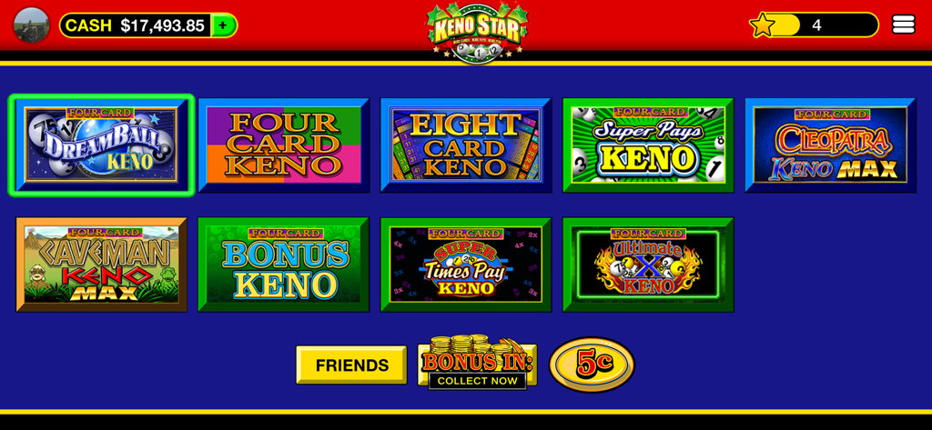 Auswahlbildschirm der Keno Star App mit verschiedenen Keno-Spielen, einschließlich Cleopatra und Ultimate X