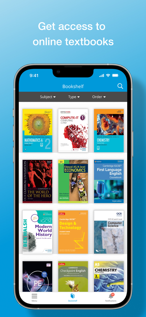 Classoos - A smartphone screen showing the Classoos app bookshelf with various digital school textbooks