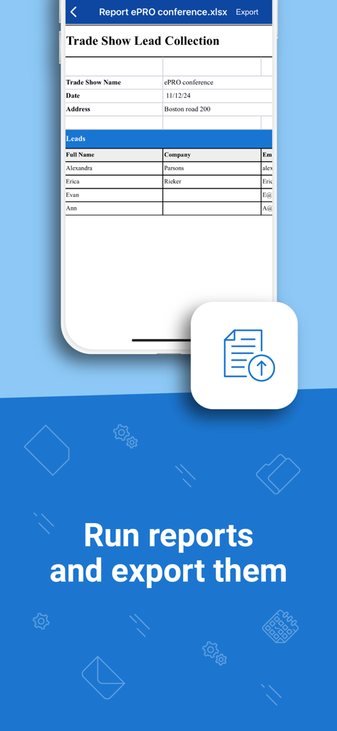 Trade Show Lead Collection App - Smartphone, das einen Excel-Lead-Bericht von der Messe-Lead-Erfassungs-App anzeigt