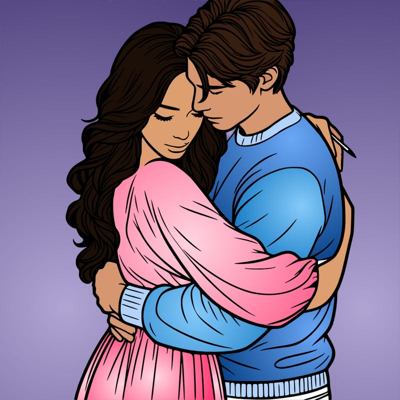 a realistic picture of a woman and man hugging