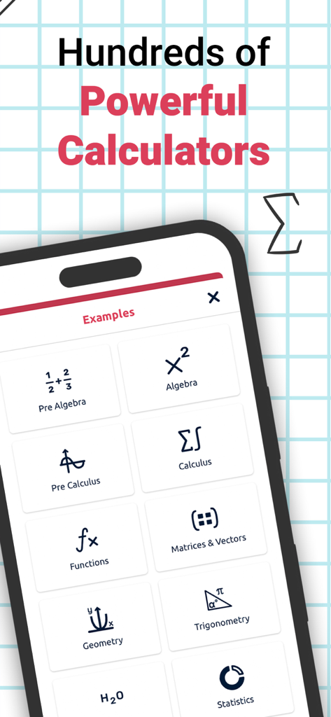 Symbolab app interface displaying categories for algebra calculus and trigonometry