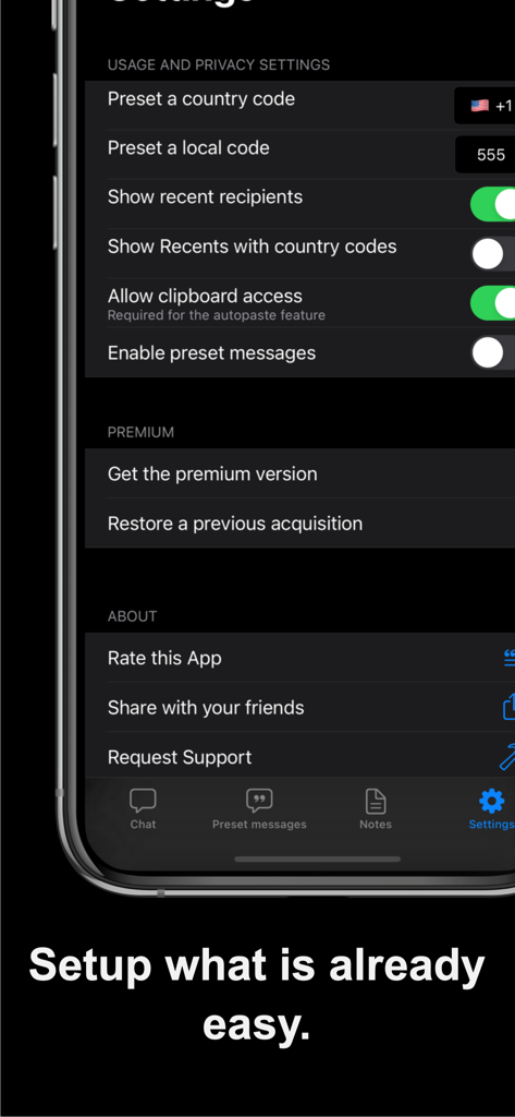 Schermata delle impostazioni di DirectChat Messenger che mostra le opzioni di configurazione di utilizzo e privacy