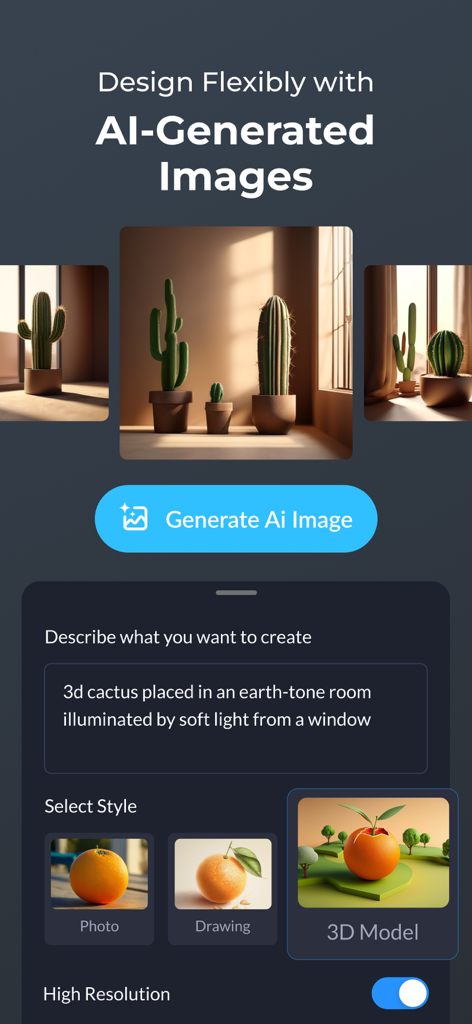 Visme - Presentation & Charts - Visme app interface showing AI image generation feature with a text prompt and style selection for a 3D cactus scene.