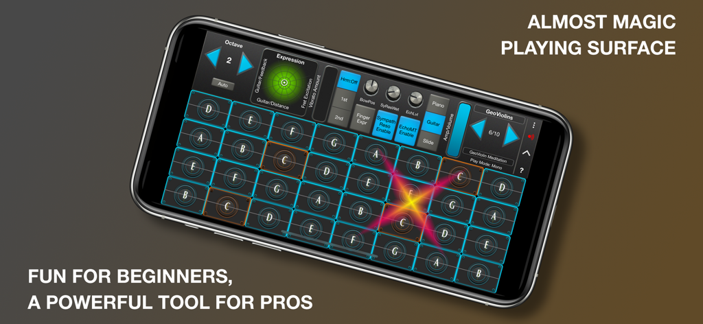 Interface of GeoShred Pro app on iPhone showing the expressive multi-touch playing surface with a grid of notes and control knobs.