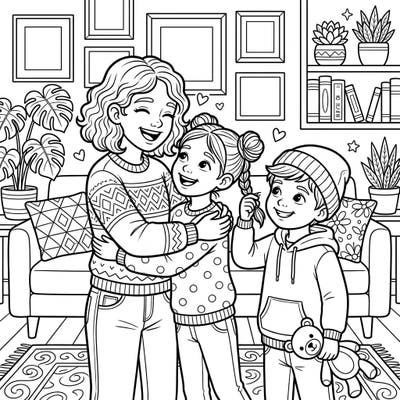 Capture the beautiful bond between siblings with this delightful coloring page. Featuring a joyful family portrait set in a cozy home, it's perfect for celebrating brotherly and sisterly love.