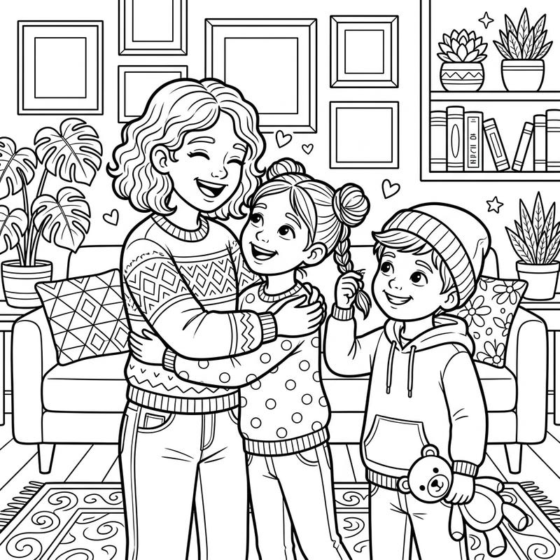 Capture the beautiful bond between siblings with this delightful coloring page. Featuring a joyful family portrait set in a cozy home, it's perfect for celebrating brotherly and sisterly love.