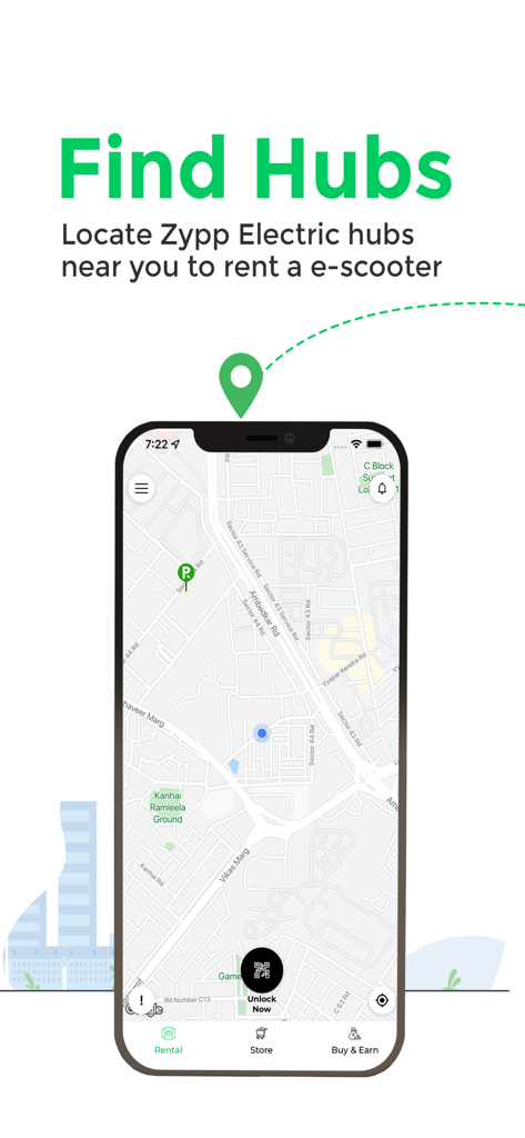 Screenshot of Zypp Electric app showing a map interface to locate and rent e-scooter hubs