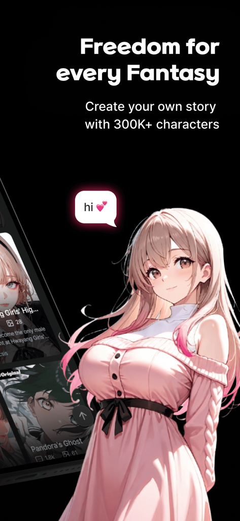 Una IA de personaje chica anime con una burbuja de chat y el titular Libertad para cada Fantasía