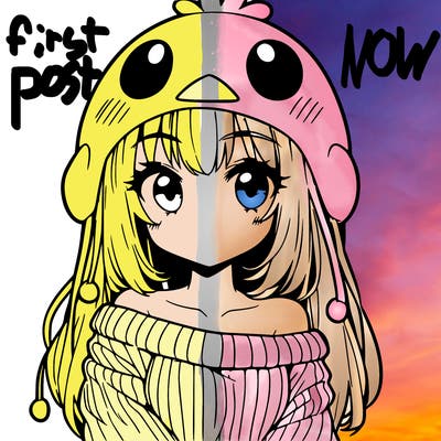 anime girl with chick shaped hat with sweater with bare shoulders with bangs covering them one eye with low tail