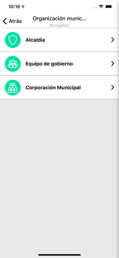 Ajuntaments de València - Menu di organizzazione municipale nell'app mobile Ajuntaments de Valencia