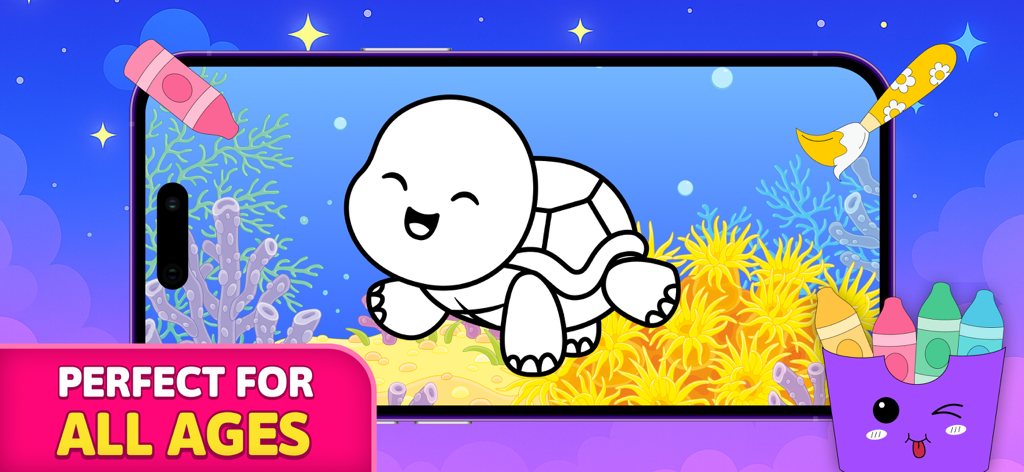 Kids Drawing Games: Color,Draw - A cute turtle line drawing for children to color in an underwater scene with crayons and brushes