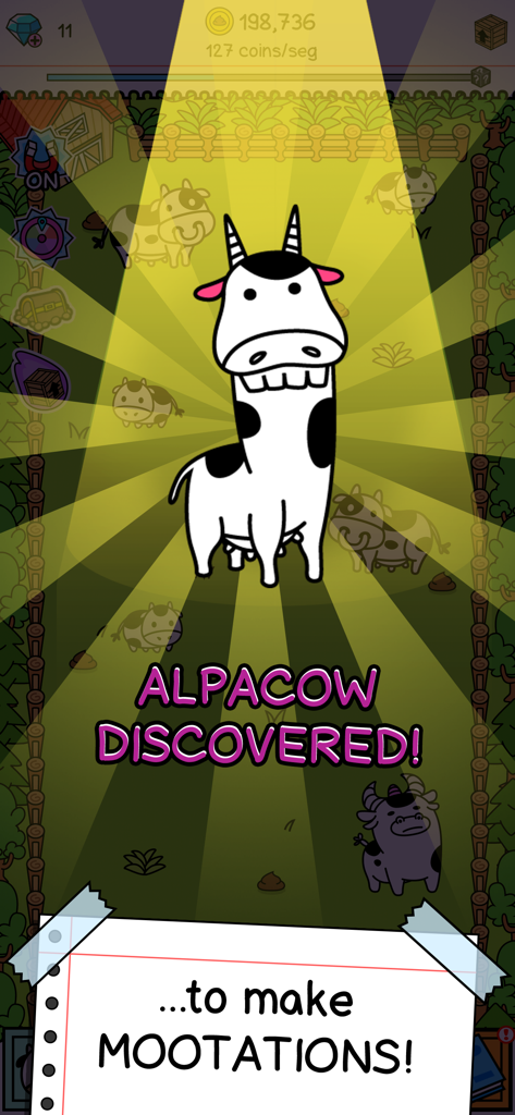 A mutant Alpacow character discovered in the Cow Evolution mobile game with mootations text.