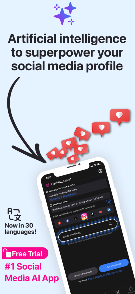 Interface de l'application Hashtag Smart sur un smartphone montrant la génération de hashtags IA et les icônes d'engagement sur les réseaux sociaux