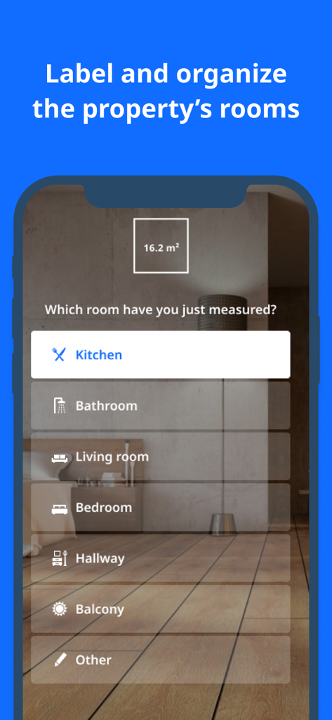 Roometric app screen showing options to label measured rooms like kitchen bedroom and living room
