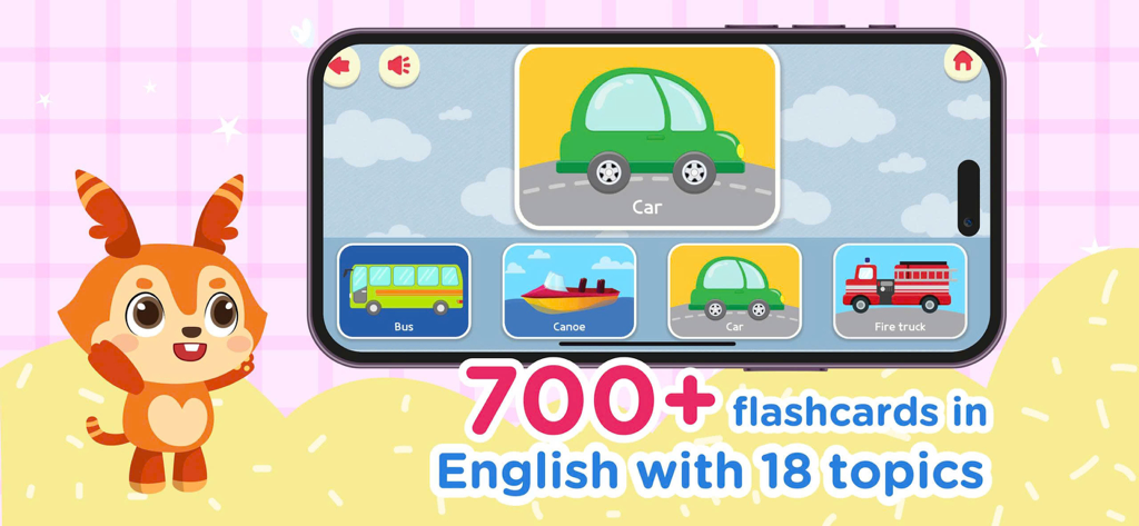 English Games For Kids - English vocabulary flashcards for kids showing transport icons like bus, canoe, car, and fire truck on a mobile app screen