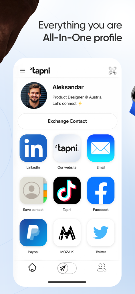 Tapni - Digital Business Card - Interfaz de la aplicación Tapni mostrando un perfil de tarjeta de presentación digital con enlaces de redes sociales y de contacto