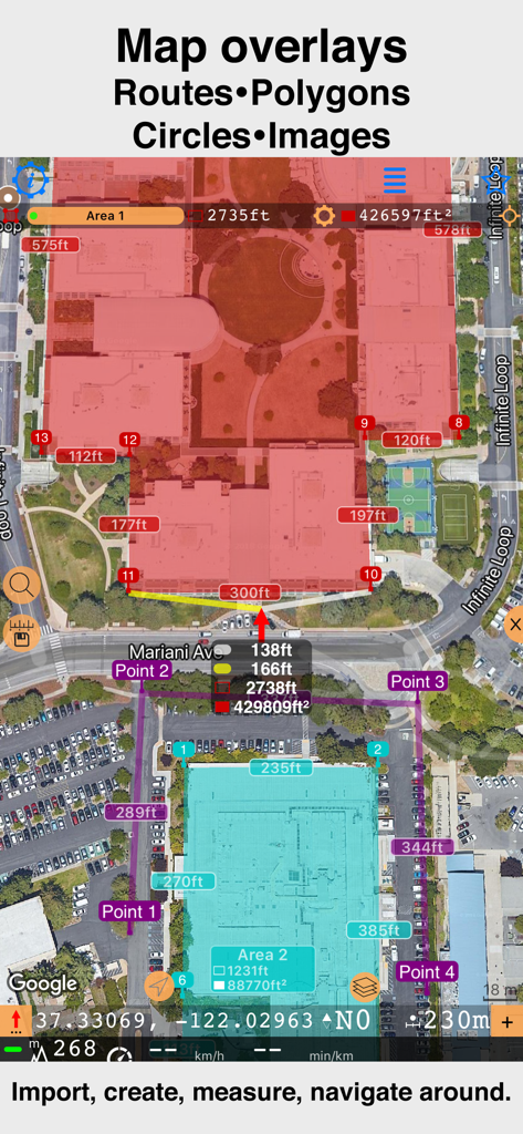 Compass 55. Map & GPS kit. - Satellite map interface showing custom polygons and distance measurements in Compass 55
