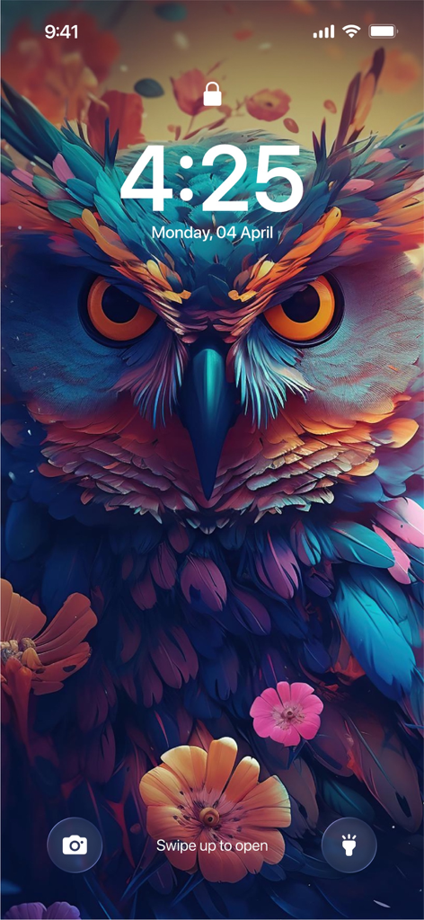 High-resolution colorful owl live wallpaper on an iPhone lock screen