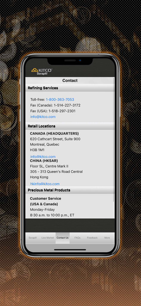 Contact information screen for ScrapIt app by Kitco showing refining services and retail office locations