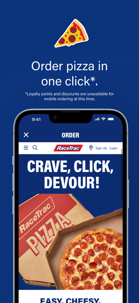 RaceTrac - RaceTrac app mobile interface for one click pizza ordering featuring a pepperoni pizza and the slogan crave click devour