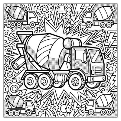 Unleash your creativity with this high-energy Pop Art coloring page featuring powerful concrete mixer trucks. Its bold lines and comic-book style background offer a uniquely engaging artistic challenge.