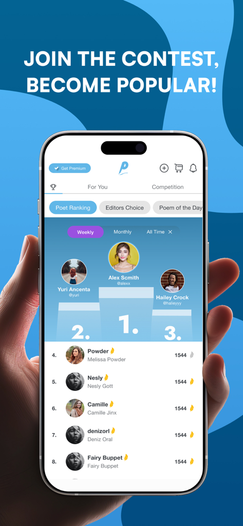 A smartphone screen displaying the Poemia app poet ranking leaderboard with a top three podium