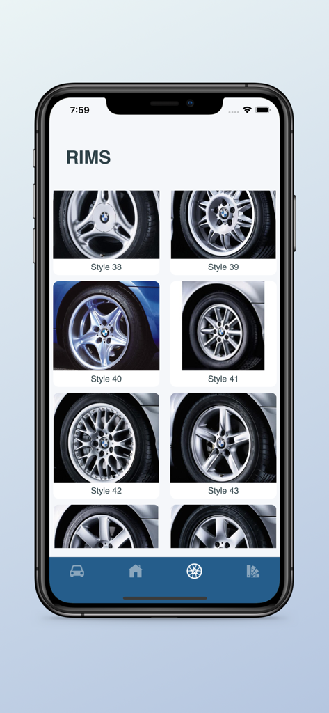 A gallery of BMW wheel rim styles and their official reference numbers within the BimmerRefs mobile app