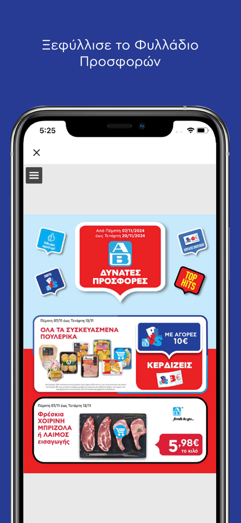 A digital grocery leaflet within the AB app showing supermarket offers and discounts on meat products.