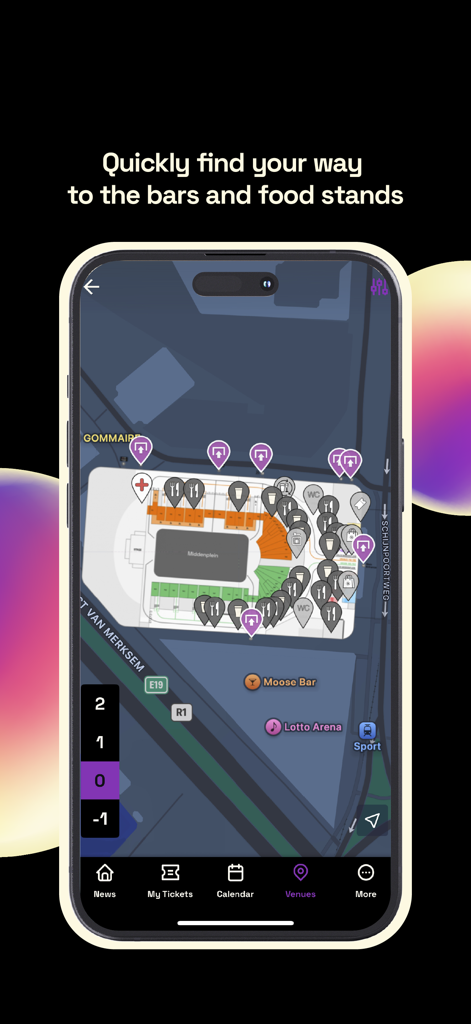 be·at Venues - Mapa interactivo del recinto en la aplicación beat Venues que muestra ubicaciones de bares, puestos de comida y secciones de la arena