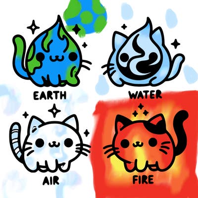 4 cats that represent the different elements, earth, water, air, and fire