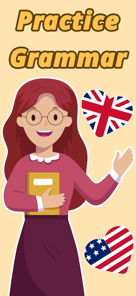 Illustrazione di una studentessa che tiene un libro di testo con bandiere a forma di cuore britanniche e americane per la pratica della grammatica inglese.