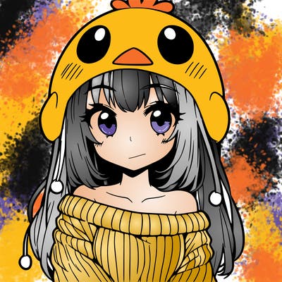 anime girl with chick shaped hat with sweater with bare shoulders with bangs covering them one eye with low tail