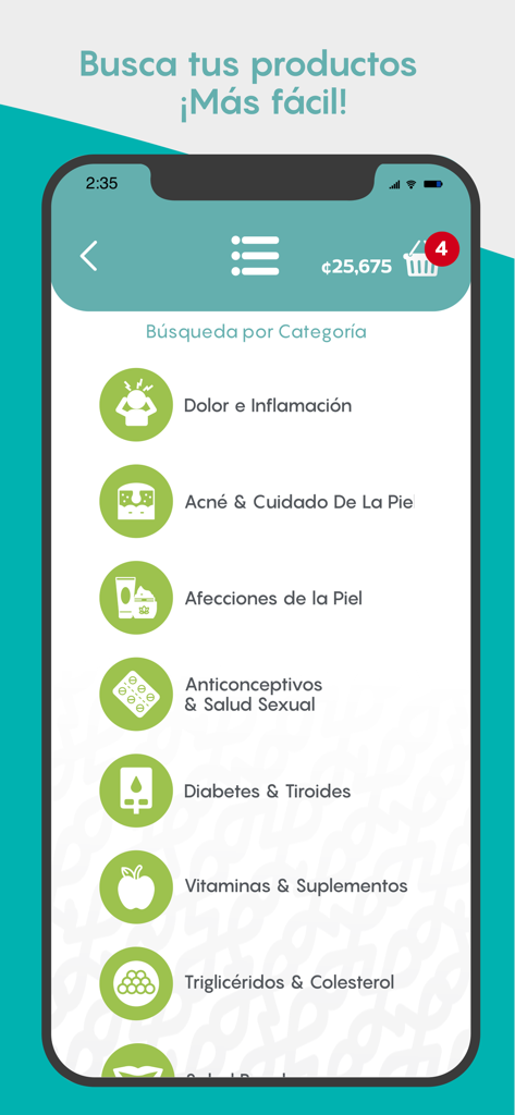 Fischel Farmacias - Mobile screen of Fischel Farmacias app showing various health product categories for easy searching