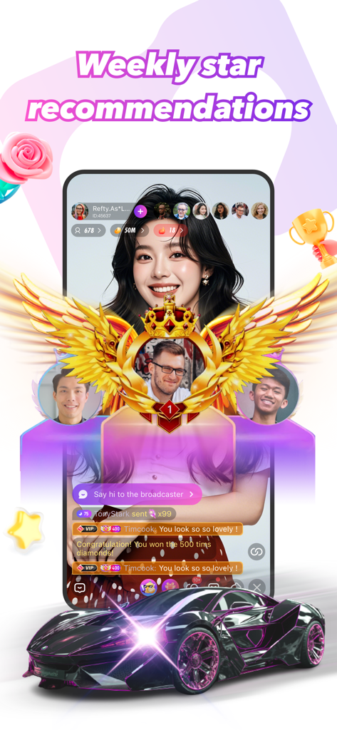 Mango Live 앱 화면, 주간 스타 추천 및 VIP 상태 보상 표시