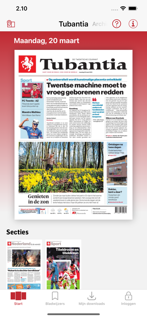 Pantalla de inicio de la aplicación del periódico digital Tubantia que muestra una réplica de la portada y secciones de noticias.