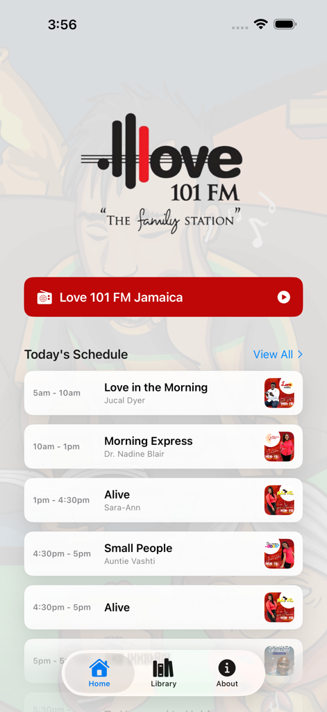Home screen of the Love 101 FM app showing the daily radio program schedule and live stream player