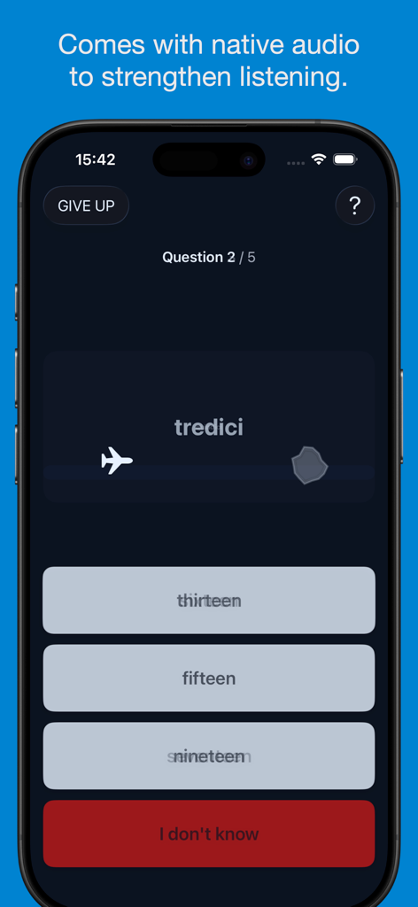 Basic Italian Vocabulary App - Italian vocabulary app quiz screen with native audio for listening practice