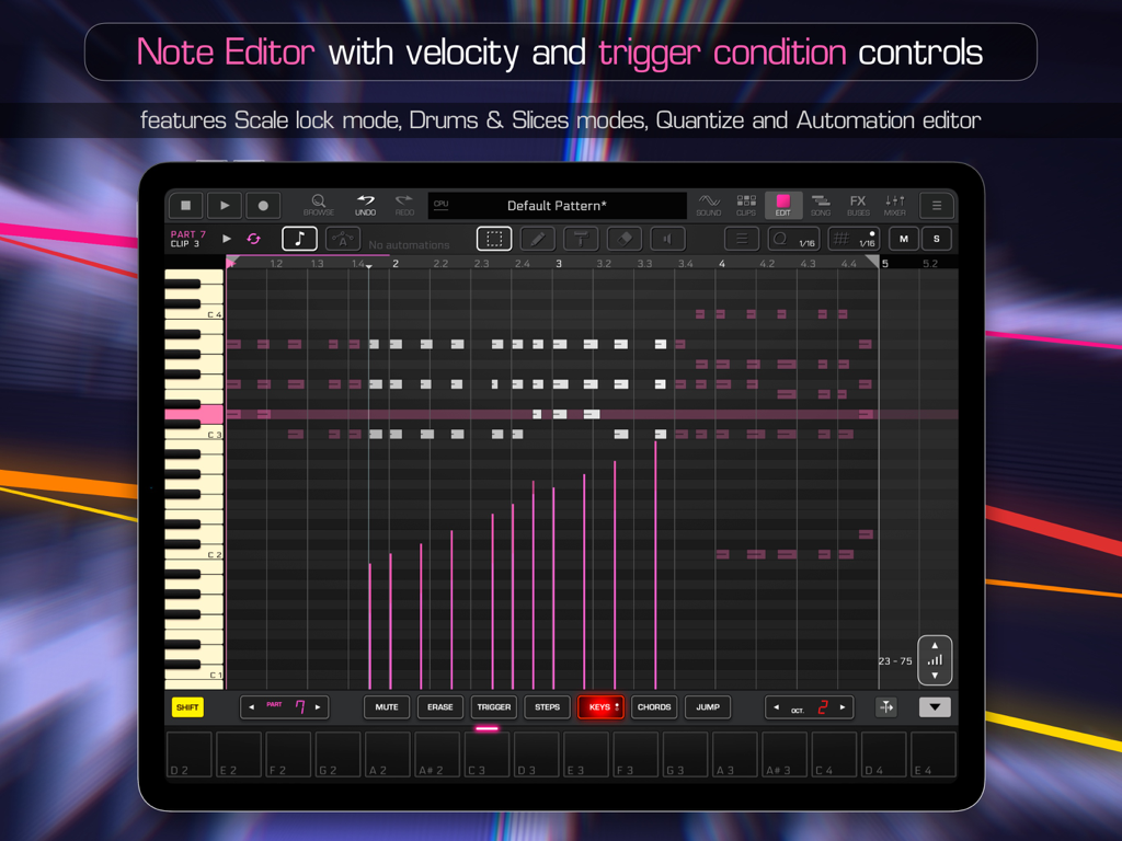 Groove Rider 2 Note Editor-Oberfläche auf dem iPad mit MIDI-Grid und Velocity-Automationsbalken
