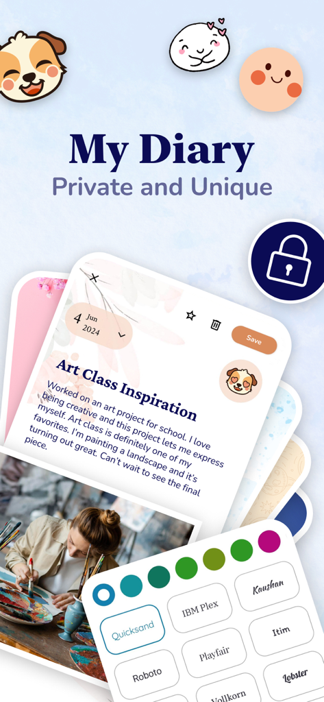 My Diary - Daily Journal, Lock - Interfaz de la aplicación Mi Diario que muestra una entrada de diario privada con opciones de personalización de fotos y fuentes