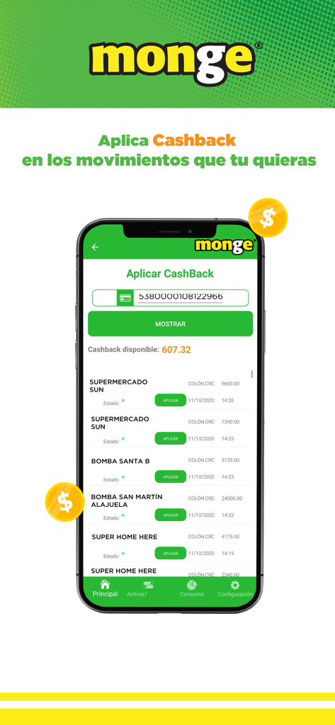 Tarjetas Monge - Pantalla de gestión de cashback de la aplicación Tarjetas Monge que muestra el historial de transacciones y recompensas