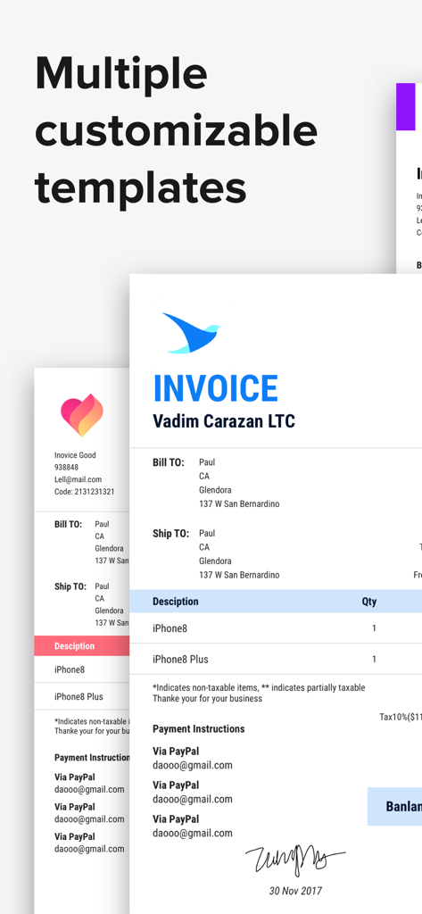 Multiple professional and customizable invoice templates for small businesses
