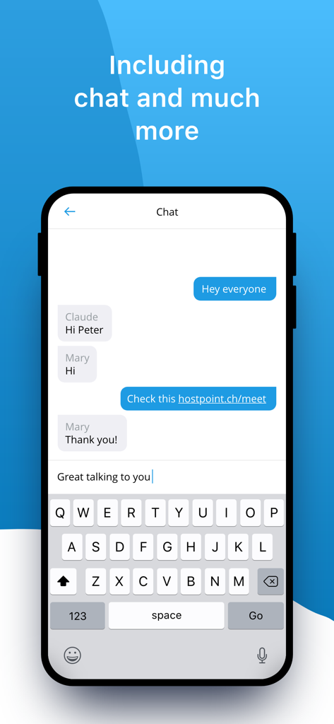 Hostpoint Meet - Mobilbildschirm, der die integrierte Chat-Funktion in Hostpoint Meet anzeigt.