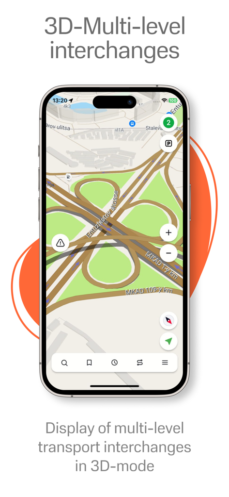 Navitel Navigator app displaying a detailed multi level road interchange in 3D mode on an iPhone