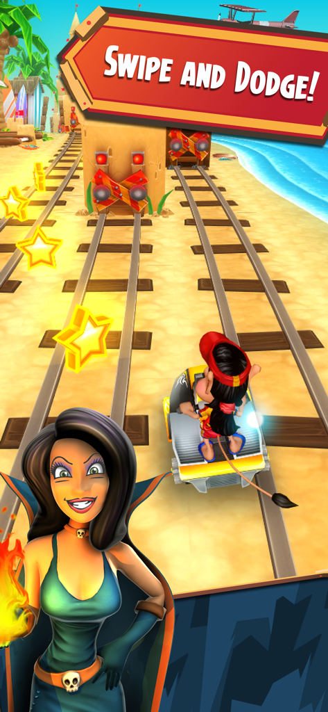Hugo riding a trolley on beach tracks with villain Scylla and a Swipe and Dodge game prompt