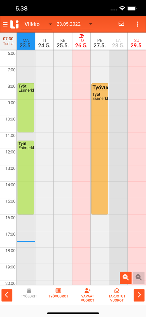 Linkity Pro - Mobile app interface of Linkity Pro displaying a weekly employee shift schedule and work assignments.