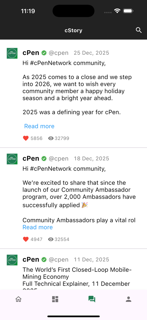 Screenshot of the cStory social feed in the cPen Network app showing official updates and community news
