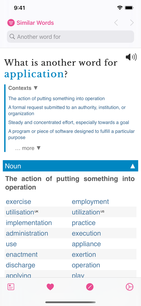 Word Hippoアプリのインターフェース。単語「application」の類語が特定の文脈で分類されて表示されています
