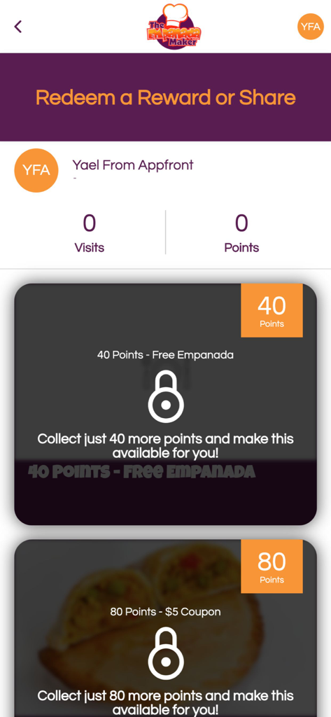 Empanada Maker - The Empanada Maker mobile app rewards screen showing loyalty points and available offers like free empanadas and coupons.