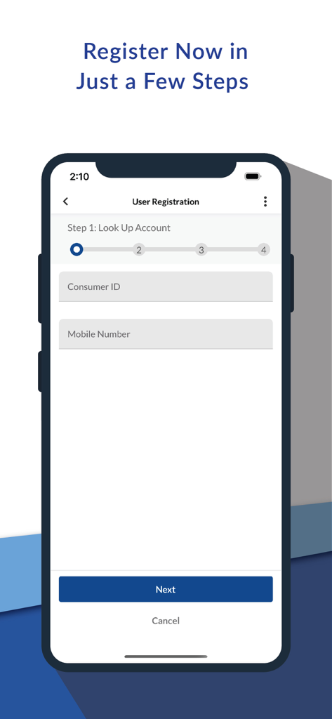 MGVCL Smart Meter - MGVCL Smart Meter app user registration screen showing step one for account lookup with consumer ID and mobile number input fields